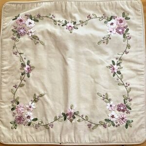 VINTAGE Cream Velveteen Floral Ribbon Embroidered Cushion Covers (Pair)